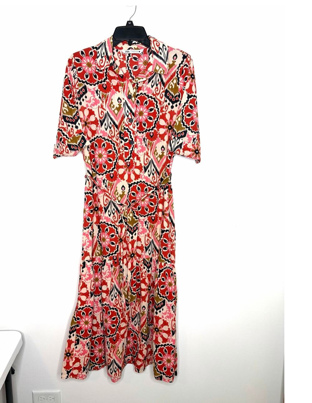 Zara Floral Boho Printed Midi Dress Sz M Belted Tiered Hem Artsy Peasant Aztec